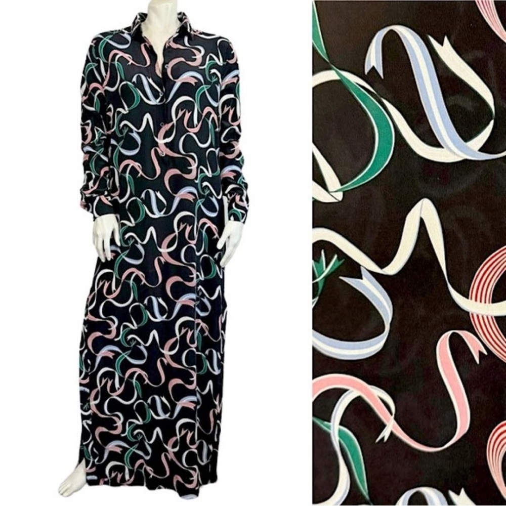 Equipment Black Silk Multicolor Patterned Long Sleeve Dress